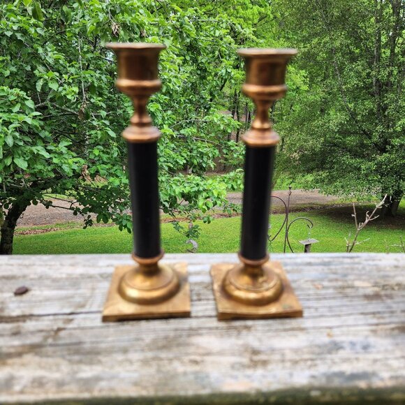 Vintage 1980s Heavy Brass & Black Unesco Candlestick Holders 7" Tall Made In Tai - Picture 1 of 10